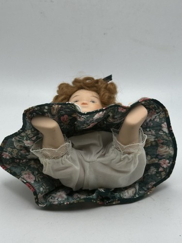 Porcelain Articulated Doll Red Curly Hair Green Floral Dress White Bloomers 7” - Picture 6 of 13