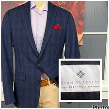 Ryan Seacrest Blazer Jacket Men 40L Long Modern Fit Polyester Blend Stretch Navy