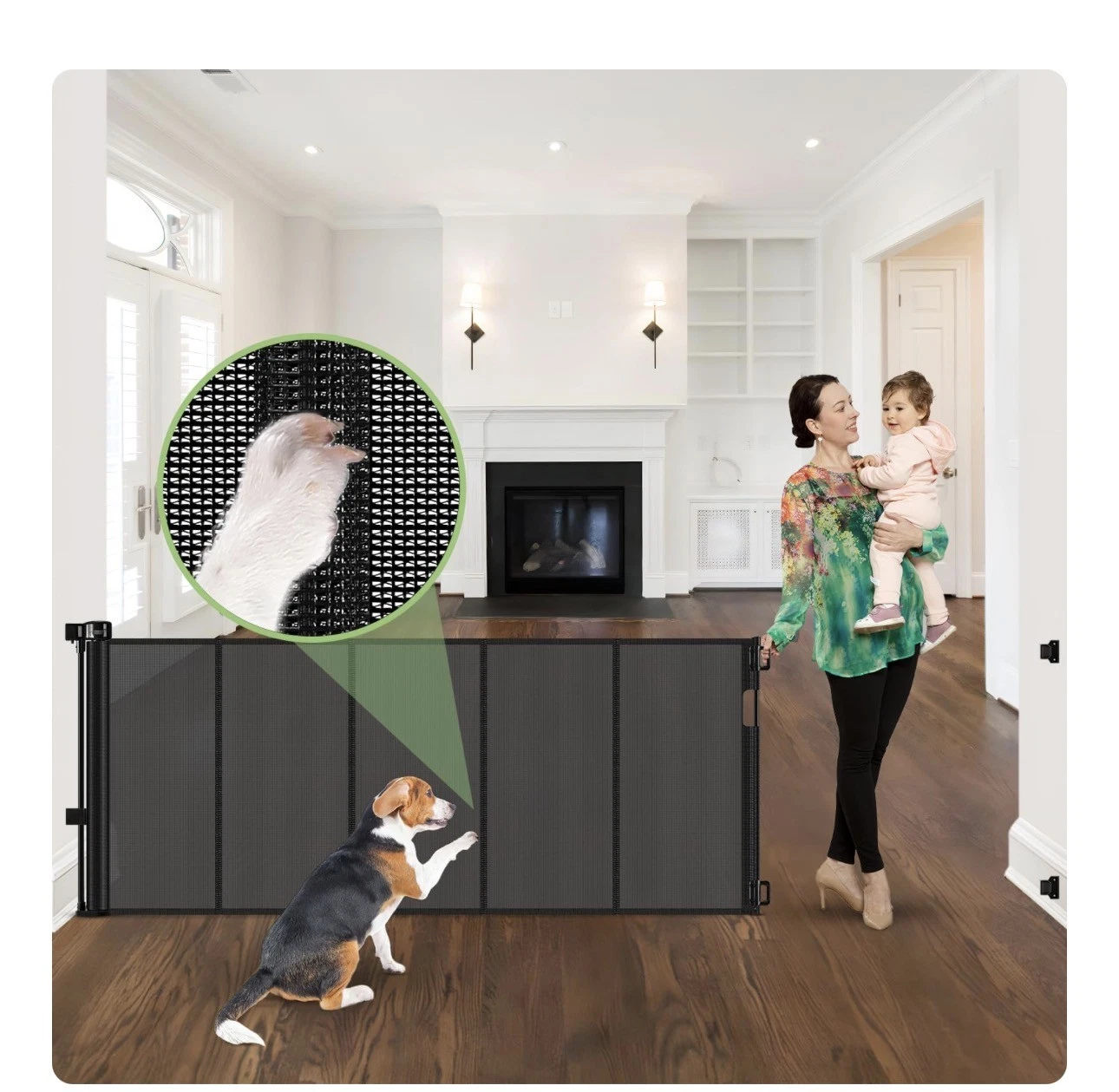 96" Wide Reinforced Retractable Baby Gate with Support Rods - Extra Long Black