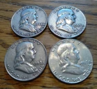 Lot of 4 Franklin Half Dollars --  1954, 1957, 1958 and 1963 -- 90% Silver