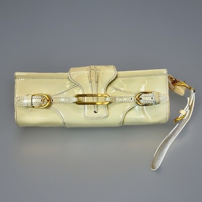 Jimmy Choo Tulita Patent Leather Clutch Wristlet Cream Ivory Gold Hardware 