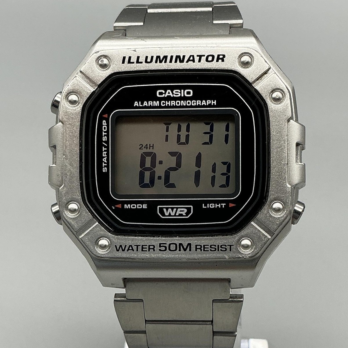 Casio 3224 W-218H Mens Watch 42mm Silver Tone Alarm Chronograph