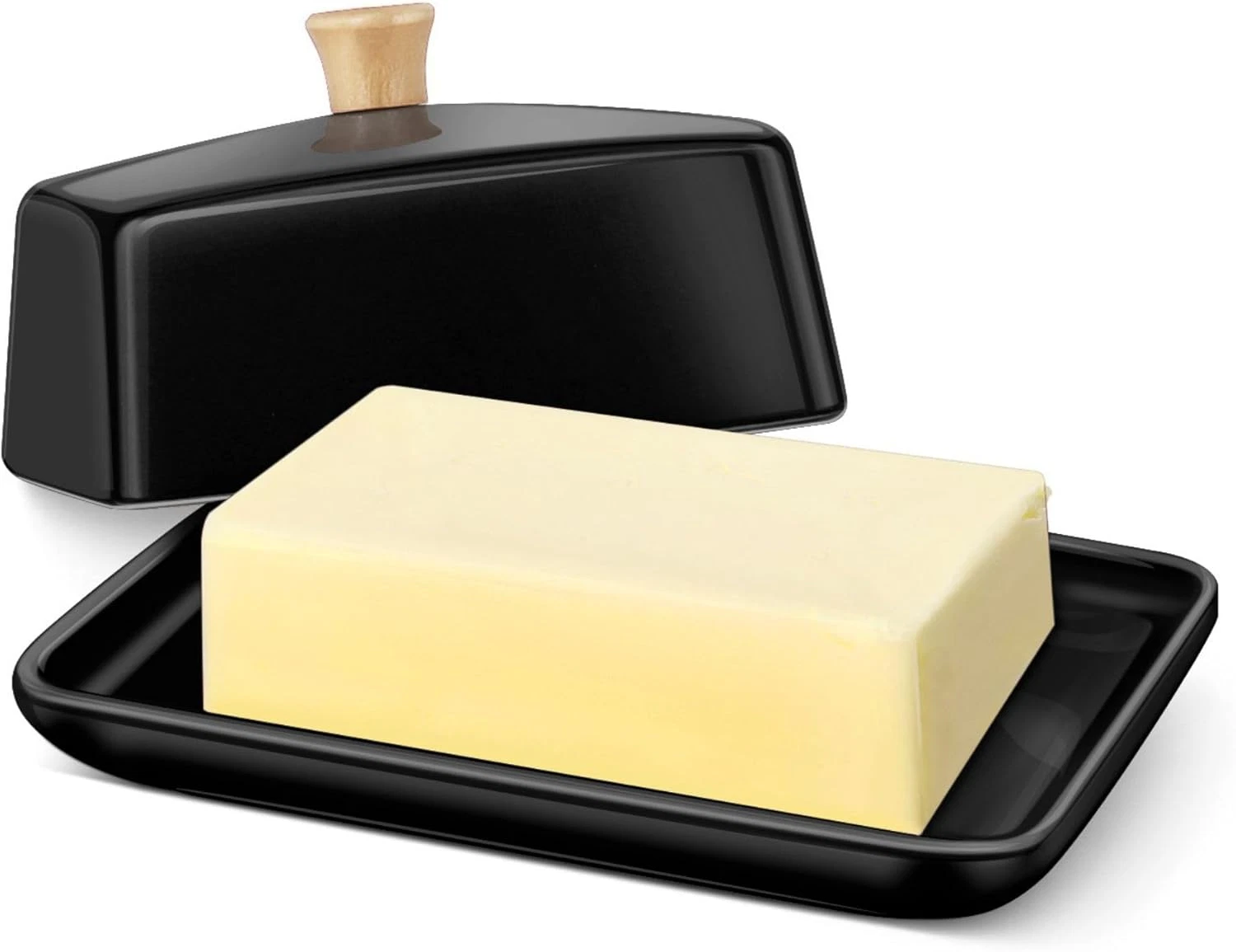 Flexzion Ceramic Black European Butter Dish with Lid for Countertop (7 Inch) - W