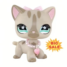 Littlest Pet Shop lps Short Hair Cat #468 Gray and Cute Accessories Bow Necklace