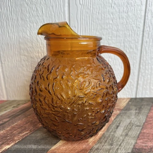 Anchor Hocking Amber Milano Lido Crinkle Glass Ball Pitcher