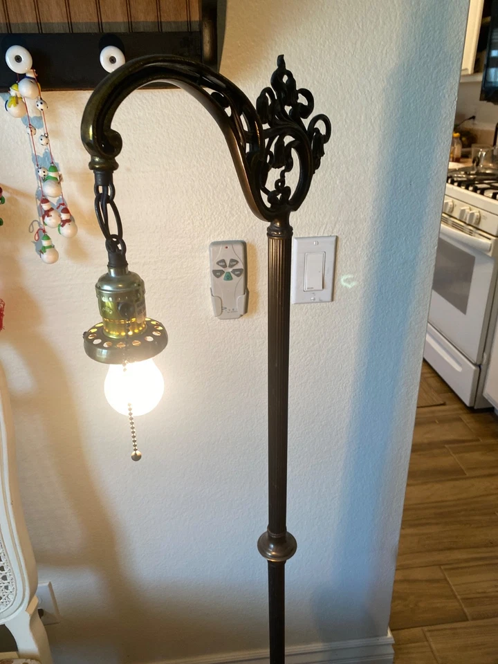 Antique Victorian Art Nouveau Gothic Brass Wrought Iron BridgeArm Floor Lamp - Image 4 of 4
