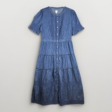GAP x LoveShackFancy Dress S Denim Lace Trim Tiered Midi Festival Country