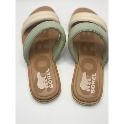 Sorel Roaming Puffy Slide Sandals Sage Green Cream Leather Flat Slip On Women