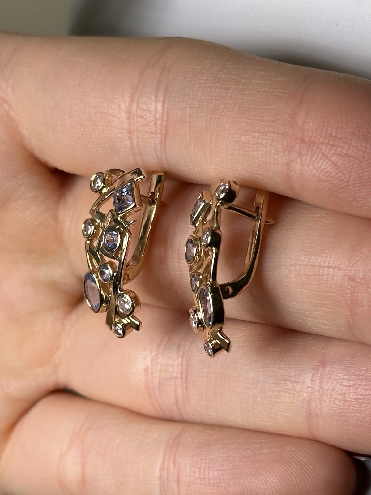 Solid 14K Yellow Gold Plug Earrings & Topaz & CZ - image 2