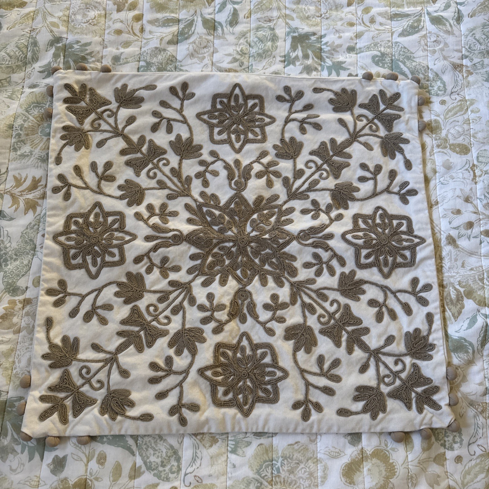 Pottery Barn Embroidered Tile Pillow Cover Cream and Taupe 18 x 18