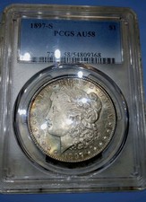1897 S PCGS AU 58 Morgan Silver Dollar  NICE Toner W/ A  Mix Of  Rainbow