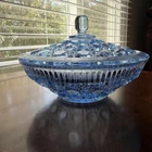 Vtg WINDSOR BLUE FEDERAL GLASS Covered Candy Dish BUTTON & CANE Pattern 7.5 Inch