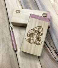 Mushroom Engraved 3.5" Poplar Wood Dugout w Poker, Aromatic Cedar Lid & Pipe