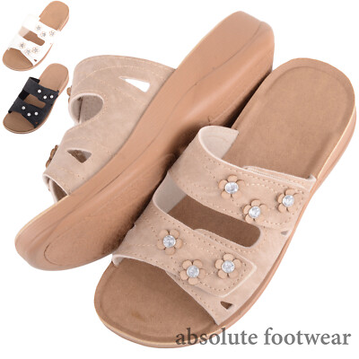 Leichte einfache Damen-Pantolette zum Hineinschlüpfen hinten offen Sandale Strass Blumenbesatz