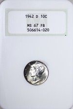 GEM BU 1942-D Mercury Dime NGC MS67 FB Full Split Bands Old Fat Holder JNCW