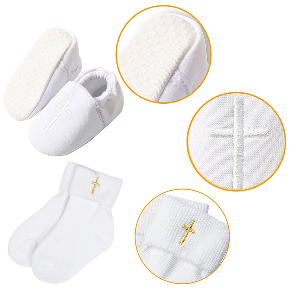 Baby Boy Baptism Shoes Christening Socks Infant White Embroidered Cross Set 2PCS - Image 2 of 4