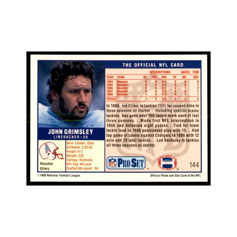 John Grimsley 1989 Pro Set #144 Football Cards Football Card NM - Image 2 of 3