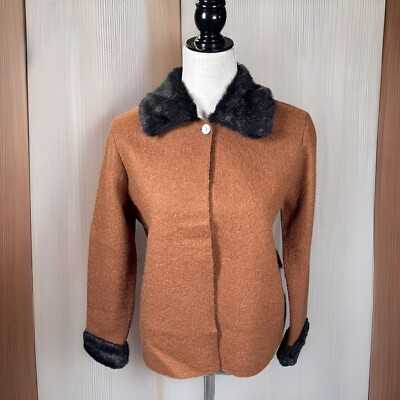 Vintage Alexandra Bartlett Boiled Wool Cardigan Sweater Jacket Rust Faux Fur PS