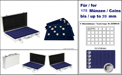Lindner S2340M 175 Coin Case ALU 5 Tableaus 2329 35 Blue 39 mm For 175 Coins