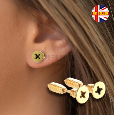 Gold Plated Nail Screw Shape Ear Studs Earrings Allergy Free UK