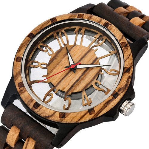 Steampunk Transparent Hollow Dial Wooden Watch Natural Full Wood Band for Men - Picture 3 of 8