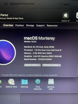 MacBook Air 13-inch, Early 2015. Processor 1.6GHz Dual-Core intel Core i5. 4 GB