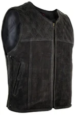 Men's Club Leather Vest Cowl Nubuck Leather Perforated Leather Diamond Quilted