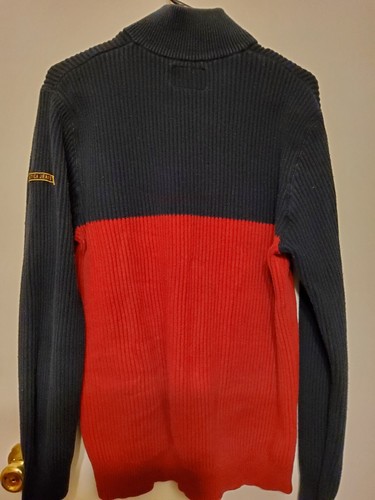 90's Nautica Jeans Co. Navy blue & Red front 1/4 button long sleeve Sweater XL - Picture 4 of 4