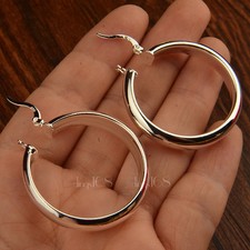 925 Sterling Silver 30mm Medium-Size 5mm Half tube Half Flat Hoop Earrings HG2