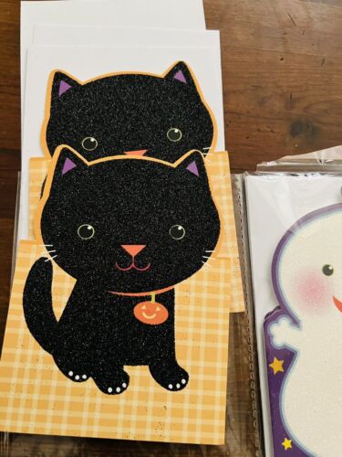 Juego de 5 tarjetas de Halloween con sello 3 fantasmas 2 gatos brillo 4" X 5,5" - Imagen 4 de 7