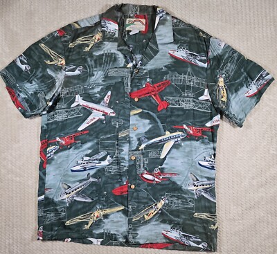 Paradise Found Hawaiian Shirt Mens L Airplanes AOP Rayon Beach Vacation 