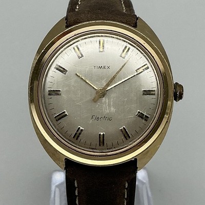 Vintage Timex Electric Mens Watch 35mm Silver Dial Gold Tone Brown Leather