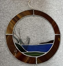 Vintage Stained Glass window hanging or suncatcher Round 10  Landscape