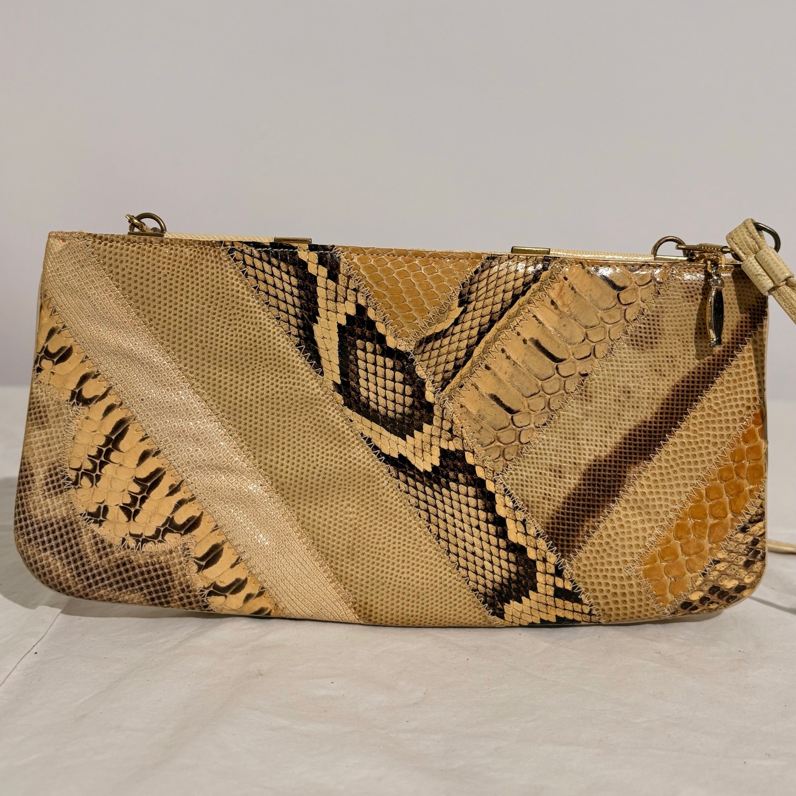 Vintage Bags by Supreme Snakeskin Clutch - Cream/Tan Patchwork