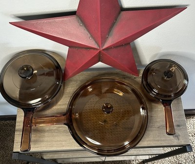Vision Ware Vintage Corning Pyrex Amber Glass Cookware Beautiful 6 Piece Set 