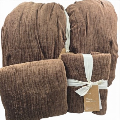 NEW West Elm King Chenille Tack Stitch Quilt & 2 Euro Shams Cognac Cotton Luxury