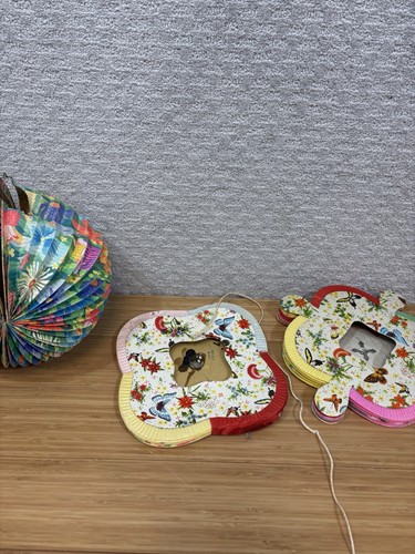 3 Vintage Japanese Paper Lanterns Accordion Floral Print Decorations