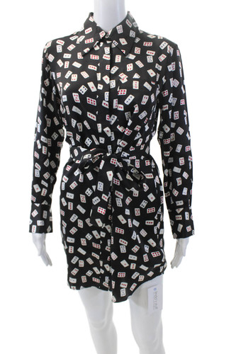 Equipment Femme Womens Silk Card Print Buttoned Waist Tie Dress Black Size S