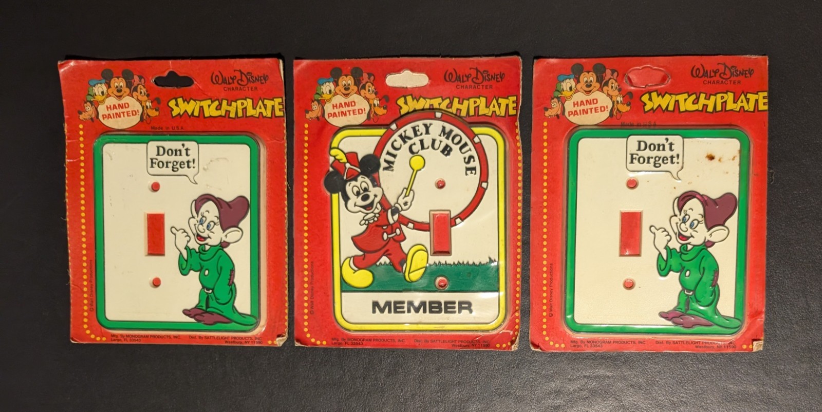 Lot of 3 VTG Walt Disney Light Switch Covers - Dopey (2) + Mickey Mouse Club New