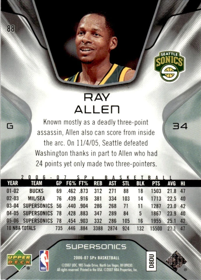 2006-07 SPx Ray Allen Seattle SuperSonics #88 - Image 2 of 2