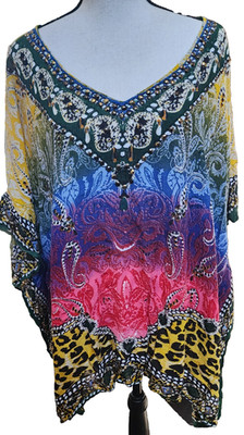 Aqua Blue Hippie Boho Caftan Top Plus Size 1X Embellished Rayon Festival