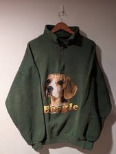 VTG Beagle Dog Puppy 1/4 Zip Pullover Sweatshirt Green Animal Graphic Mens XL