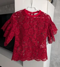 VALENTINO Cotton Viscose Floral Butterfly Lace Blouse Top T-Shirt Deep Red 38 S