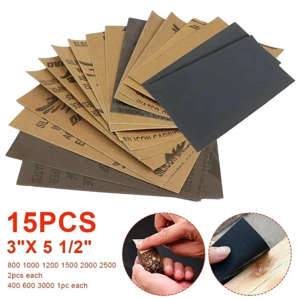 15 Pcs Sandpaper Sheets, 13 Grits 120–5000 Wet Dry Assortment for Wood & Metal