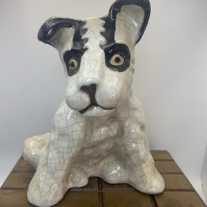 Sitting Boston Terrier Jack Russell Dog Puppy Crackle Crazing Ceramic 7”