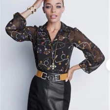 Cabi Victoria Sheer Tassel Print Balloon Sleeve Blouse Navy