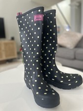 Joules Womens T- Welly Tall Rain Boots, Navy Blue and Pink Polka Dot US Size 10
