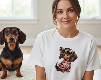 Dackel T-Shirt Damen Süßes Motiv Sonnenbrille Leo Print Dachshund Hund Shirt
