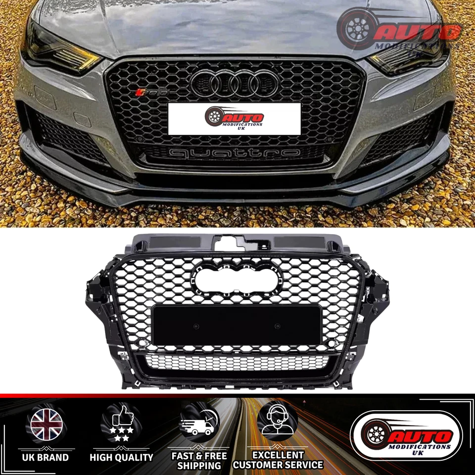 AUTO MODIFICATIONS UK Audi RS3 Style A3 S3 8V Front Main Grille Gloss Black Honeycomb Mesh Grill 13-16