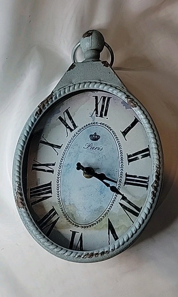 Vintage Style Metal Wall Clock Oval Distressed Finish Light Blue 10.5" x 6.5"